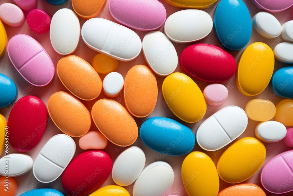 Fototapeta premium Colorful pills background. AI generated