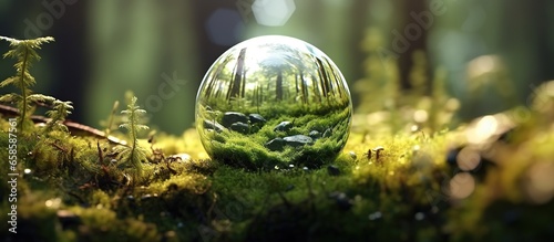 Crystal ball on green moss in the forest