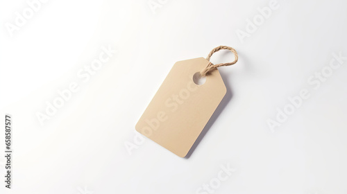 A clean mockup of a price tag with customizable text and design isolated on white background top view.