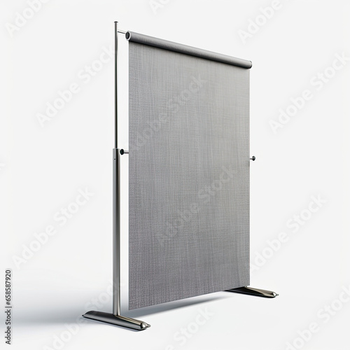 A detailed mockup of a banner stand with custom design isolated on white background top view.