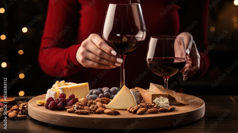 Woman tastes an assortment of cheeses with wine at a restaurant Woman tastes an assortment of cheeses with wine at a restaurant