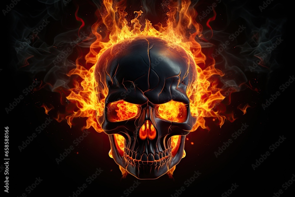 black skull with fire on black background - obrazy, fototapety, plakaty 