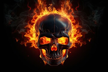 black skull with fire on black background