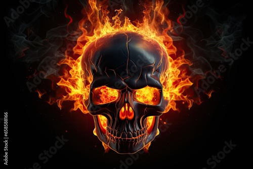 black skull with fire on black background