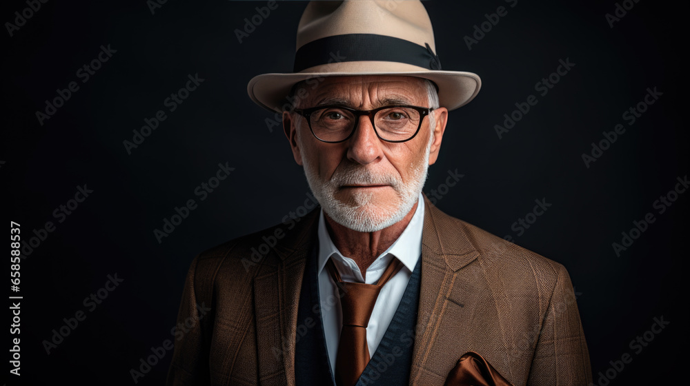Stylish elderly man in suit on dark background. Stylish elderly man in suit on dark background.