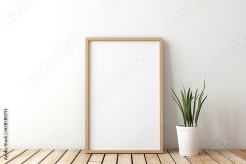 frame with blank poster mockup on wooden table with green plant in pot. White wall background © dashtik