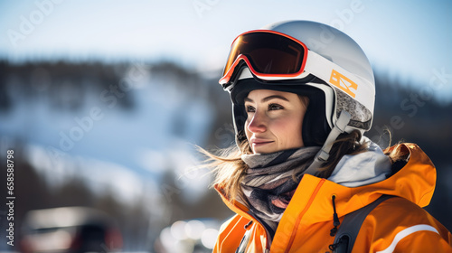 Portrait of a female skier in helmet and winter clothes on the background of snow-covered mountain slope © MP Studio