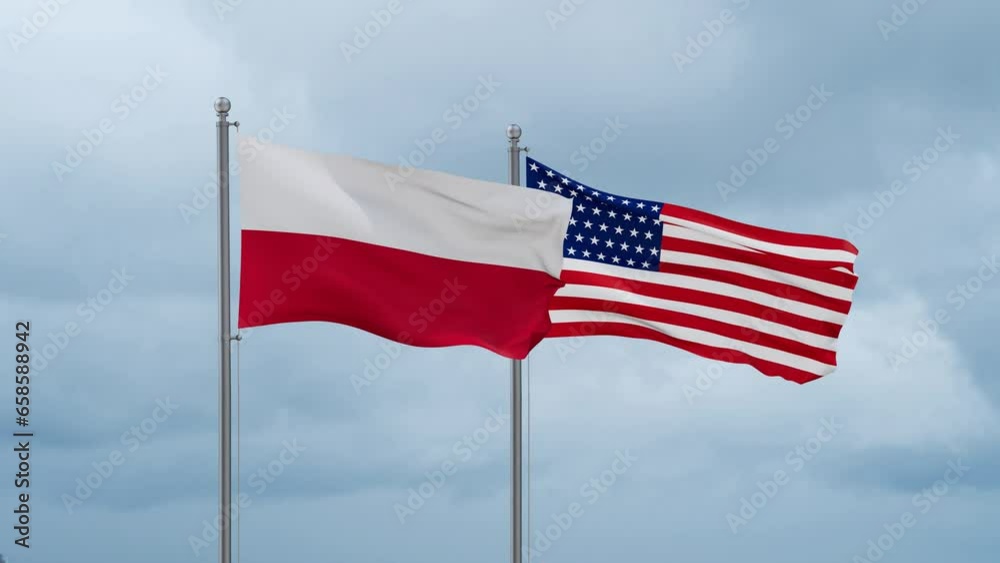 USA and Poland flag waving together on cloudy sky, endless seamless loop, two country cooperation concept USA and Poland flag waving together on cloudy sky, endless seamless loop, two country cooperation concept