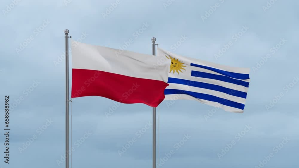 Uruguay and Poland flag waving together on cloudy sky, endless seamless loop, two country cooperation concept Uruguay and Poland flag waving together on cloudy sky, endless seamless loop, two country cooperation concept
