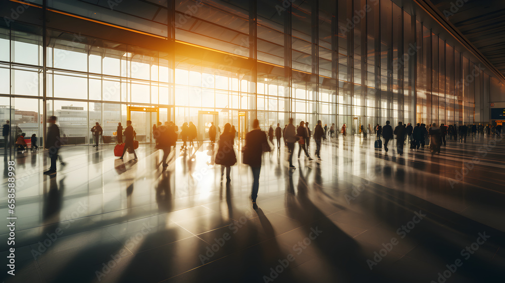 Long exposure photo of people walking in an airport terminal at sunset