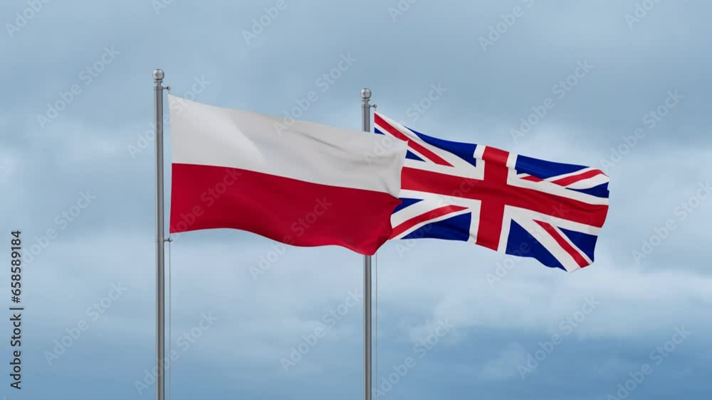 United Kingdom and Poland flag waving together on cloudy sky, endless seamless loop, two country cooperation concept United Kingdom and Poland flag waving together on cloudy sky, endless seamless loop, two country cooperation concept