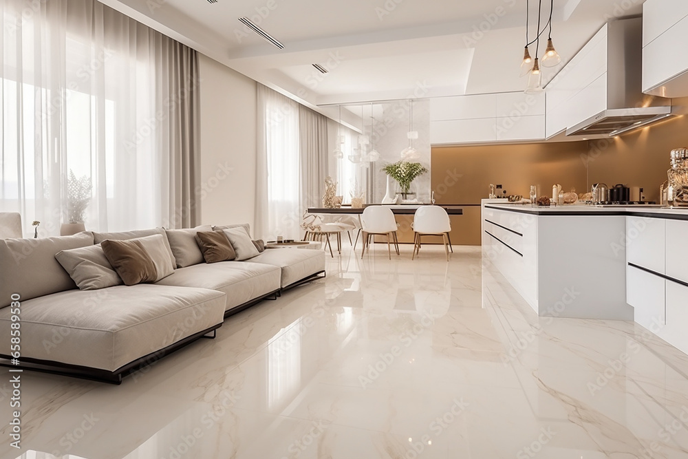 Fototapeta premium A luxury kitchen of a beautiful bright modern Scandinavian style, generative AI