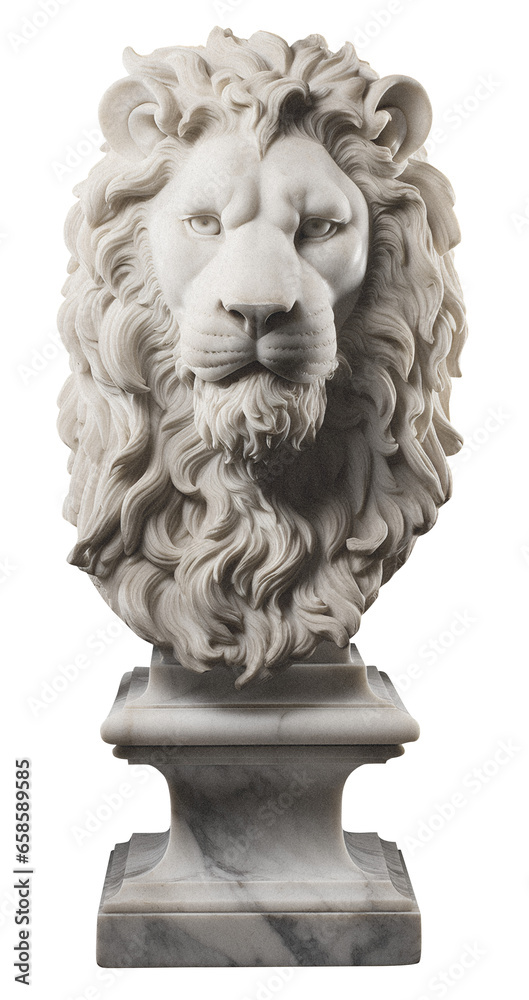Obraz premium Antique lion head statue on a transparent background, with a grainy texture, vintage illustration 