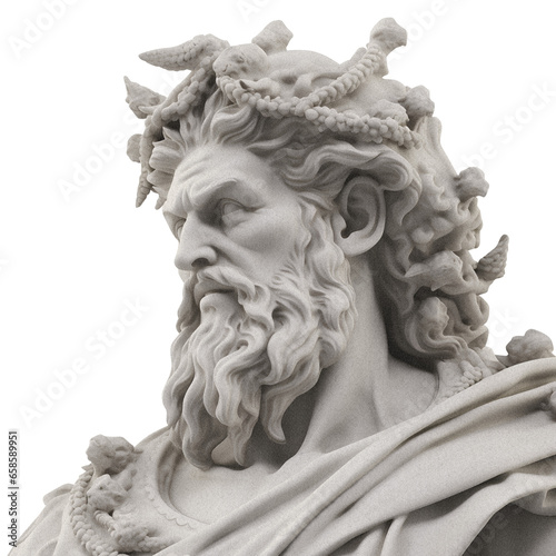 Greek bust of the god Zeus on a transparent background, with a grainy texture, vintage illustration