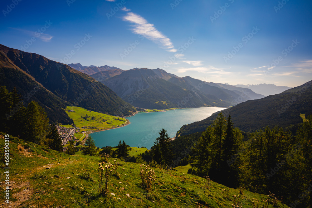 Reschensee, Reschenpass, Piz Lad, Berge, See Reschensee, Reschenpass, Piz Lad, Berge, See
