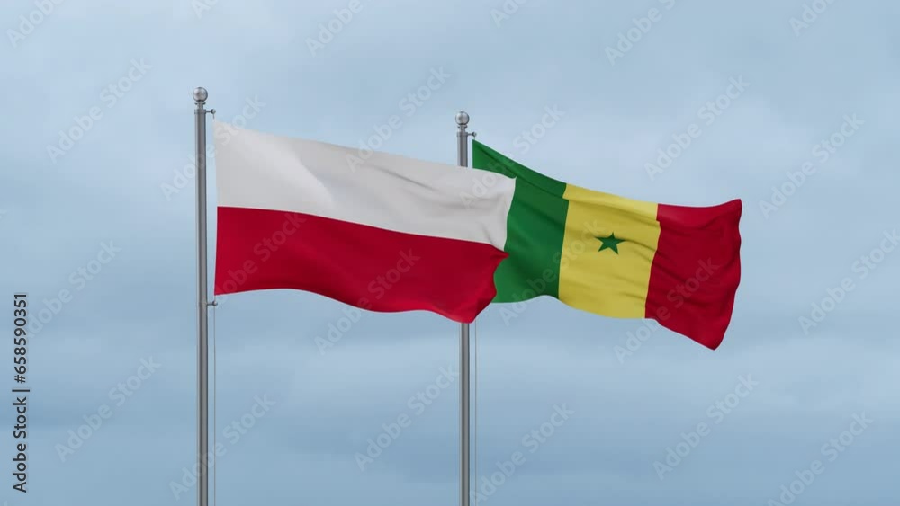 Republic of Senegal and Poland flag waving together on cloudy sky, endless seamless loop, two country cooperation concept Republic of Senegal and Poland flag waving together on cloudy sky, endless seamless loop, two country cooperation concept