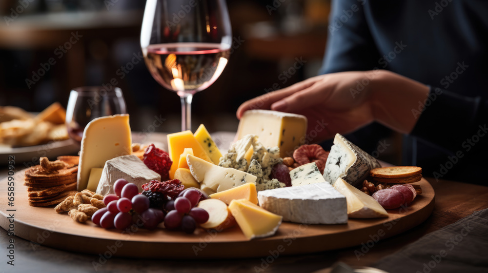 Person tastes an assortment of cheeses with wine at a restaurant