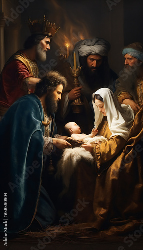 Vertical pictoric recreation of the adoration of Biblical Magi scene in the birth of jesus baby in nativity scene