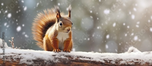 Red squirrel sitting on a snowy branch with snow in the background.