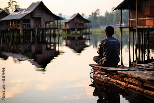 Indigenous teenager sitting alone near a tranquil lake