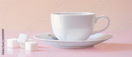White tea cup with saucer and sugar isolated pastel background Copy space
