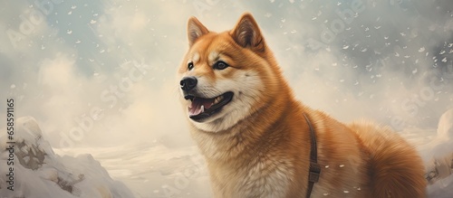 Winter walk of a fluffy Akita inu dog portrait isolated pastel background Copy space © HN Works