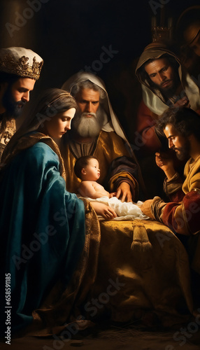 Vertical pictoric recreation of the Adoration of Biblical Magi or Three wise scene in the birth of jesus baby in nativity scene