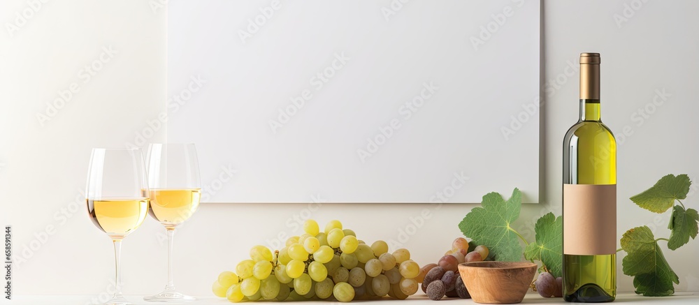 Fototapeta premium White wine in brief isolated pastel background Copy space