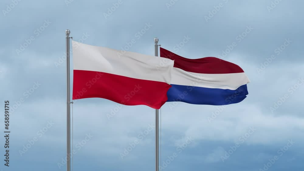 Netherlands flag and Poland flag waving together on cloudy sky, endless seamless loop, two country relations concept Netherlands flag and Poland flag waving together on cloudy sky, endless seamless loop, two country relations concept