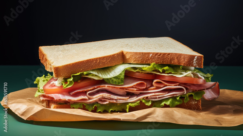 Tasty sandwich with with meat, cheese and lettuce leaves