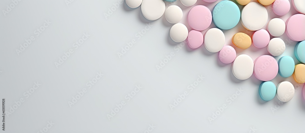 White round medical pills with calcium vitamins closeup on isolated pastel background Copy space with space for text or image - obrazy, fototapety, plakaty 