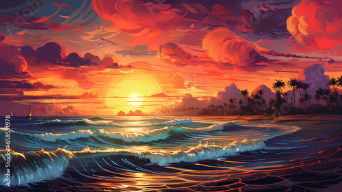 illustration of an ocean view with colorfull art style photo