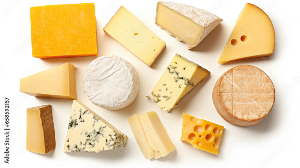 Set of different cheeses on white background. Top view. - obrazy, fototapety, plakaty 