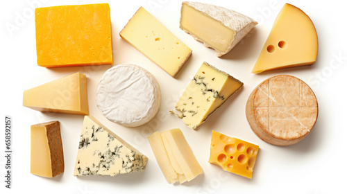 Set of different cheeses on white background. Top view.