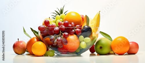 white isolated glass bowl with tropical fruit isolated pastel background Copy space