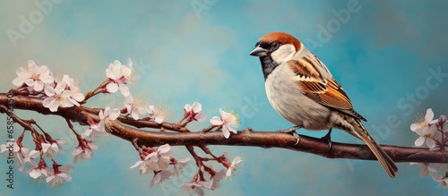 Tree dwelling bird species Passer domesticus isolated pastel background Copy space
