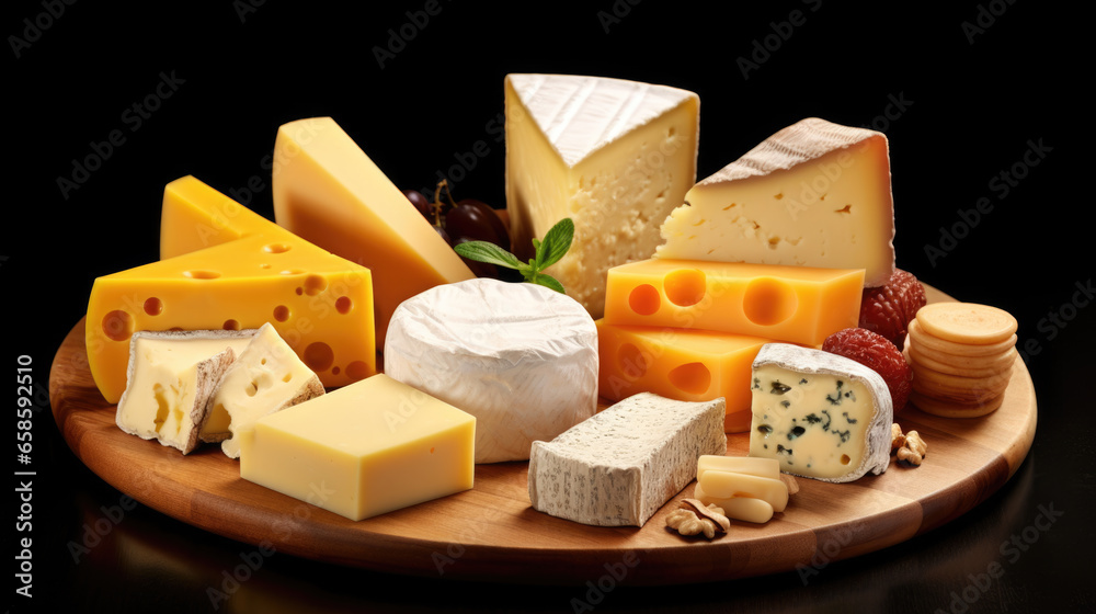 Cheese plate served with grapes and nuts on a wooden background