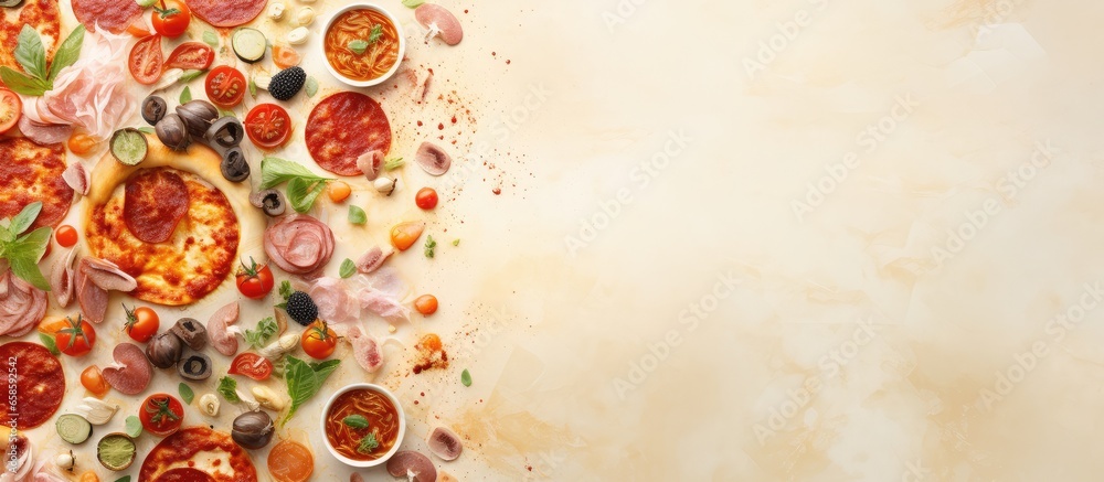 Variety of pizza toppings including salami mushrooms bacon and sundried tomatoes presented in a vertical arrangement isolated pastel background Copy space - obrazy, fototapety, plakaty 