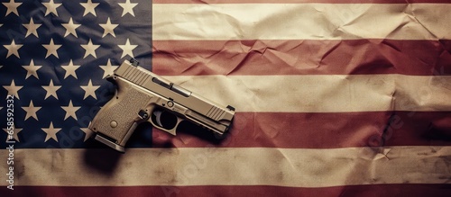 USA flag military attire and firearm against isolated pastel background Copy space photo