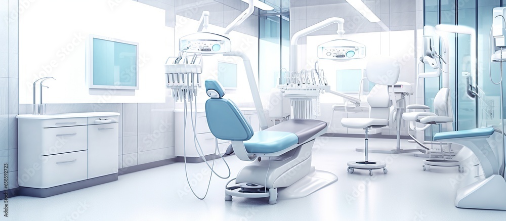 Interior of a modern dental office with blue chair and equipment