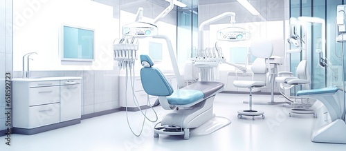 Interior of a modern dental office with blue chair and equipment © andri