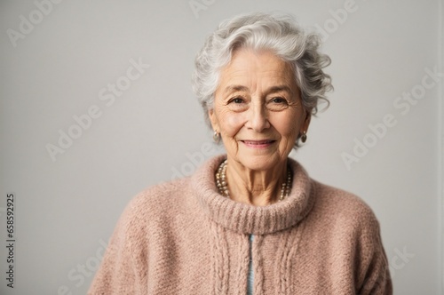 Elderly beautiful woman with a short haircut in a cozy sweater on a gray background. Winter Concept.