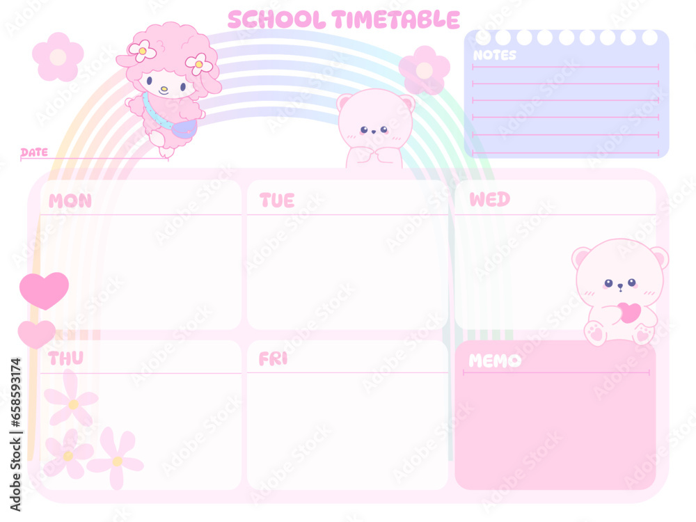 Cute School timetable weekly schedule note's reminder planer for day with kawaii cartoon character bears on soft color pink white  rainbow color