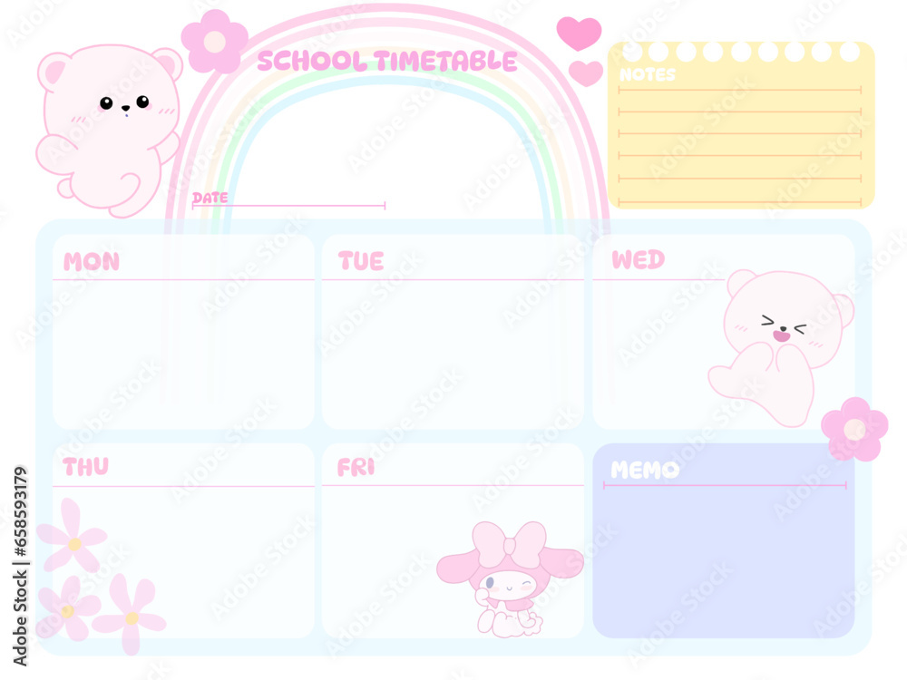 Cute School timetable weekly schedule note's reminder planer for day with kawaii cartoon character girl on soft color pink blue rainbow colored Cute School timetable weekly schedule note's reminder planer for day with kawaii cartoon character girl on soft color pink blue rainbow colored