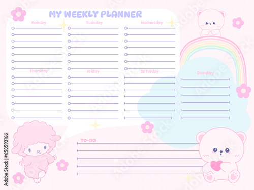 Weekly planner inspiration notepaper design printable .  White pink pages for tags , weekly notes,  to do list minimal style with flower tags cartoon character kawaii school board timetable 