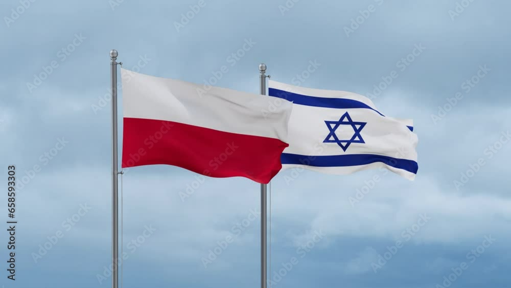 Israel flag and Poland flag waving together on cloudy sky, endless seamless loop, two country relations concept Israel flag and Poland flag waving together on cloudy sky, endless seamless loop, two country relations concept
