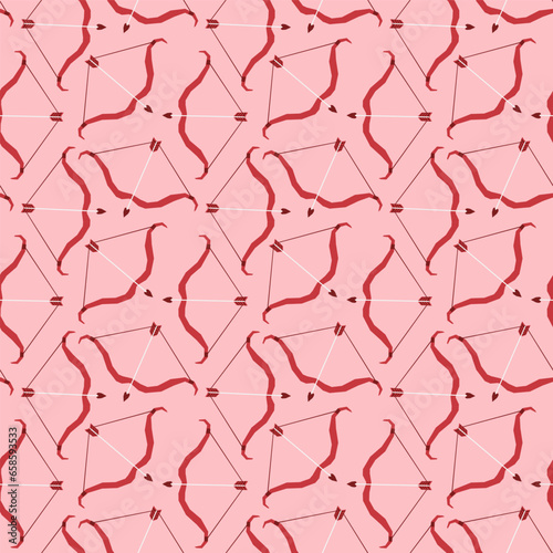 Seamless pattern with bow and arrow. Valentines day decor. Festive pattern for fabric, wrapping paper, clothing. Vector illustration.