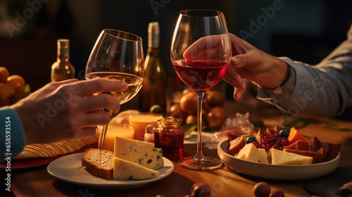 Person tastes an assortment of cheeses with wine at a restaurant