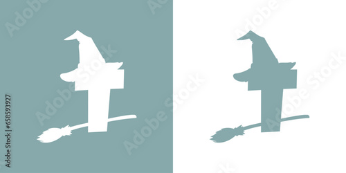 Icono letra inicial T con silueta de sombrero de bruja volando en escoba. Logo para su uso en invitaciones y tarjetas de Halloween