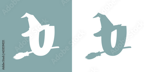 Icono letra inicial U con silueta de sombrero de bruja volando en escoba. Logo para su uso en invitaciones y tarjetas de Halloween